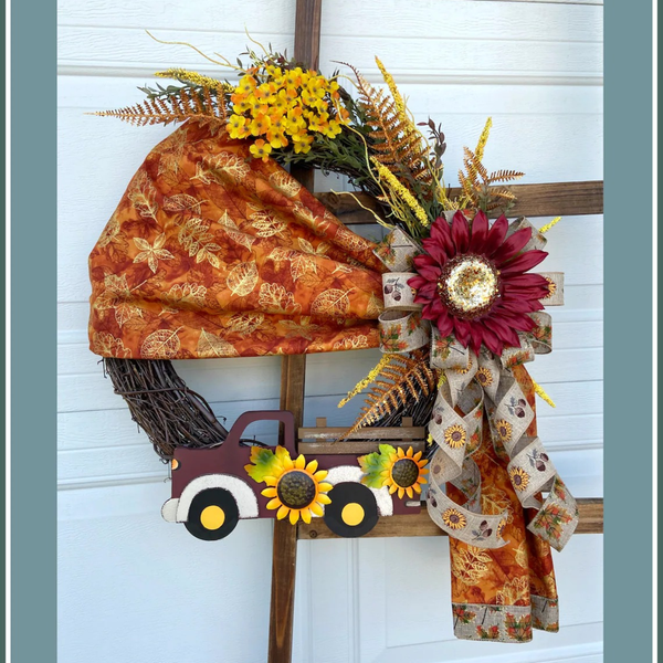 Fall Vintage Truck Fabric Wreath-Rustic Grapevine Home Decor