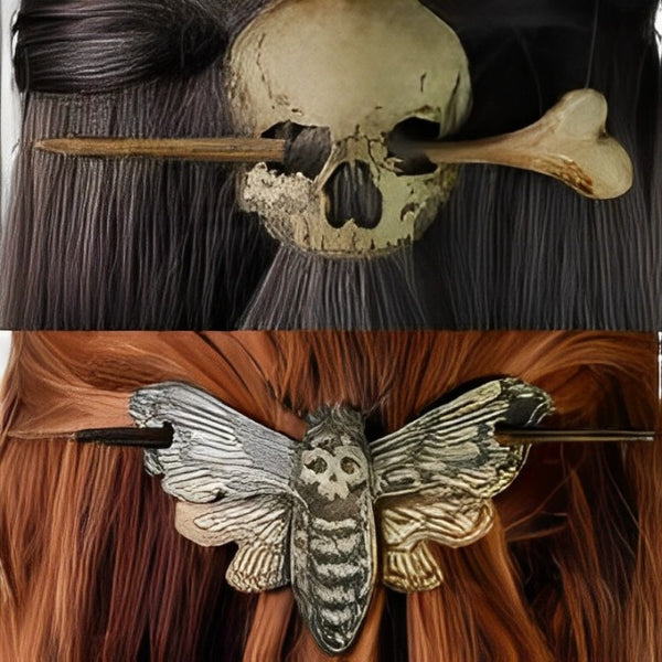 Death Moth/Skull Hair Pin Stick Slide with Faux Bone