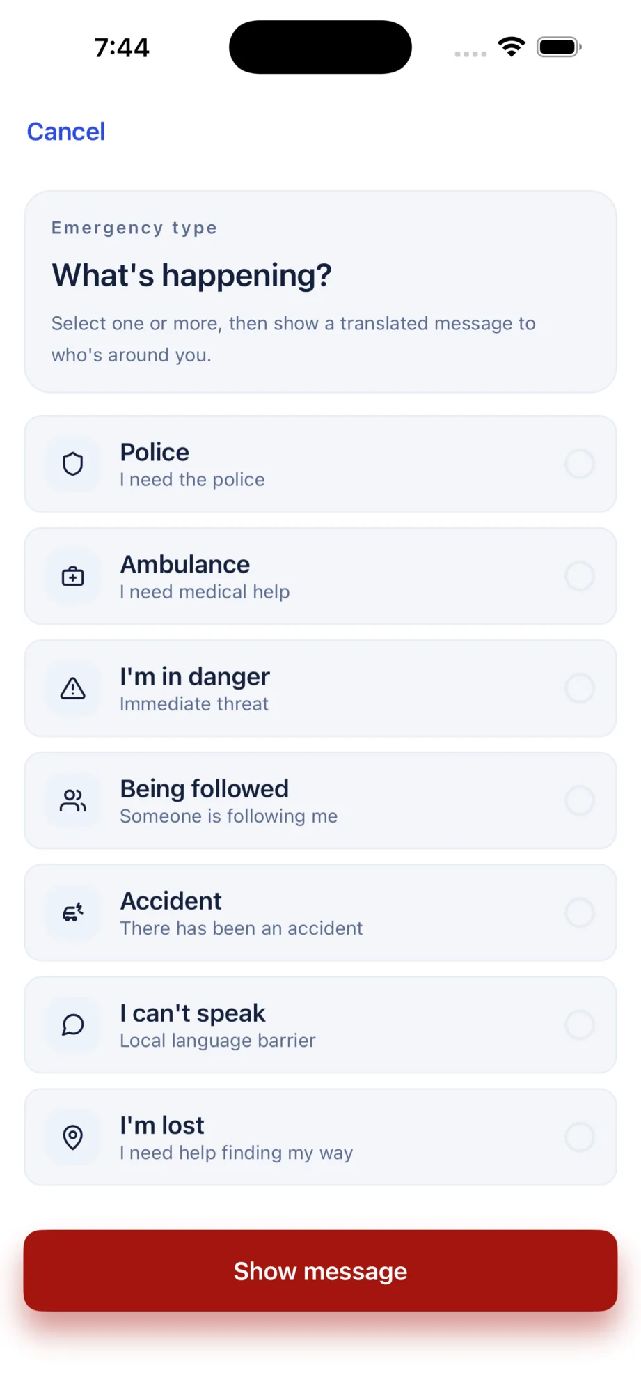 The WeiiGo emergency message screen